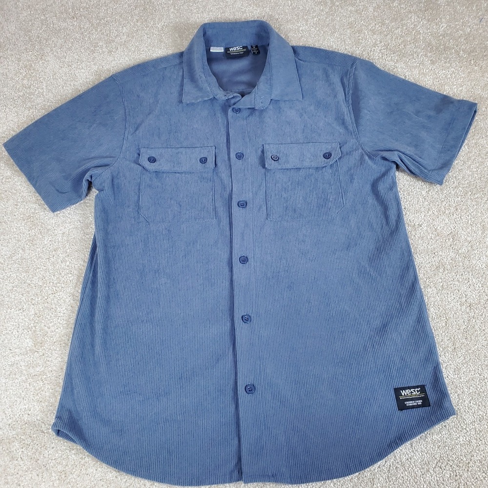 WeSC Unisex Button Up Shirt Blue Men's M Women's L Short Sleeve